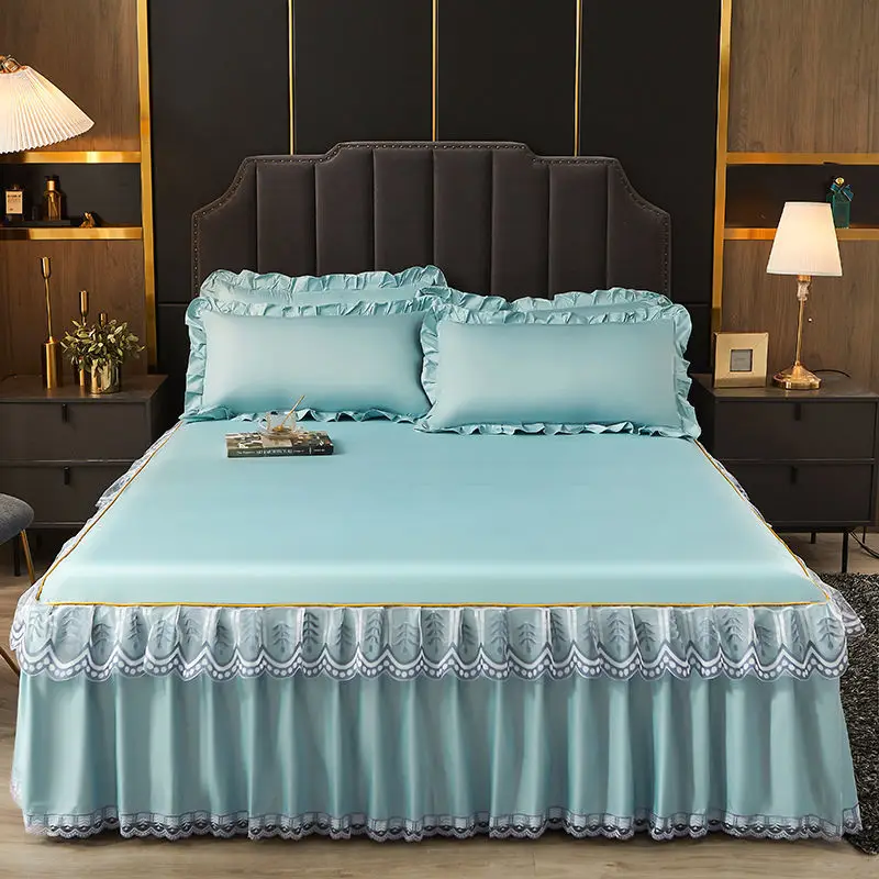 WASART Luxury lace bed skirt summer bedspread solid satin rayon bed linen couple bedding single double queen king size bed sheet