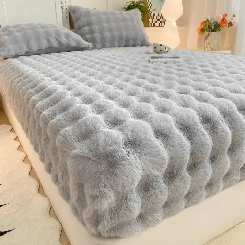 WASART Warm Winter Plush Fitted Sheet Elastic Mattress Protector Cover Fluffy Bubble Coral Fleece Bed Linens 180x200 King Size