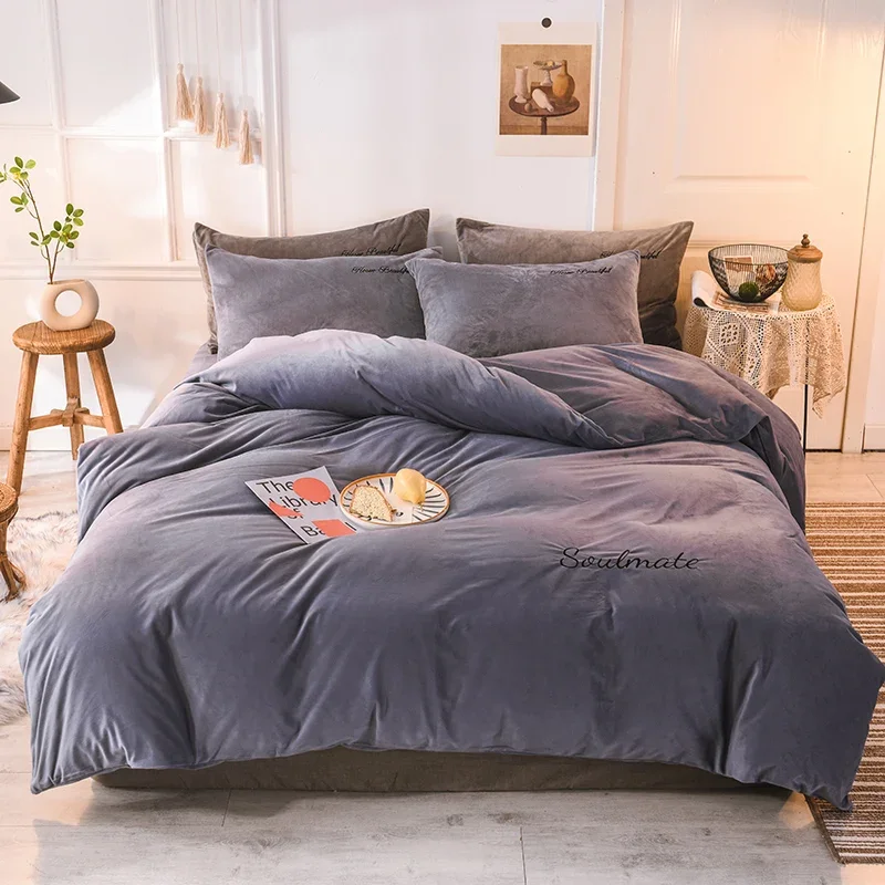 WASART Winter Warm Milk Fleece Duvet Cover 4PC Bedding Set Super King Size 220x240 Solid Embroidery Couple Luxury Home Textiles