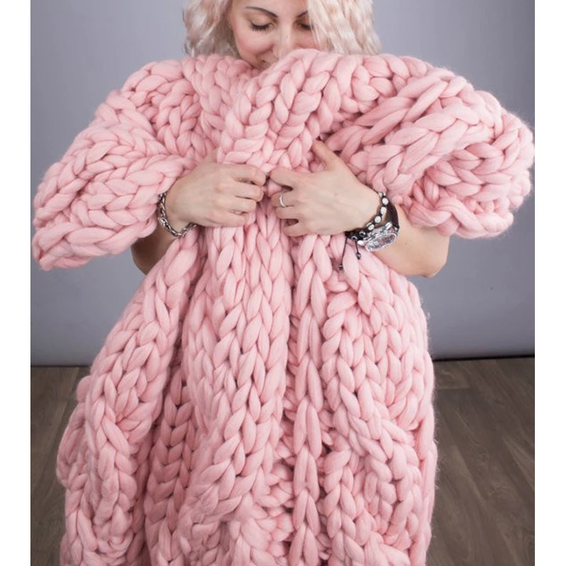 WASART Chunky merino wool blanket thick large yarn roving knitted blanket winter warm plaid throw blankets sofa bed blanket
