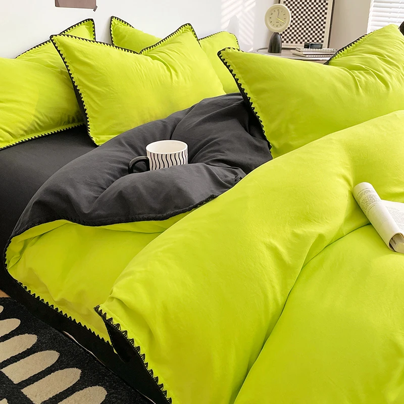 Simple Washed Cotton Bed Linen Bedding Set Four Piece Flat/Fitted Bed Sheet Set Comforter Set Full Double Couple Bed Quilt Cover