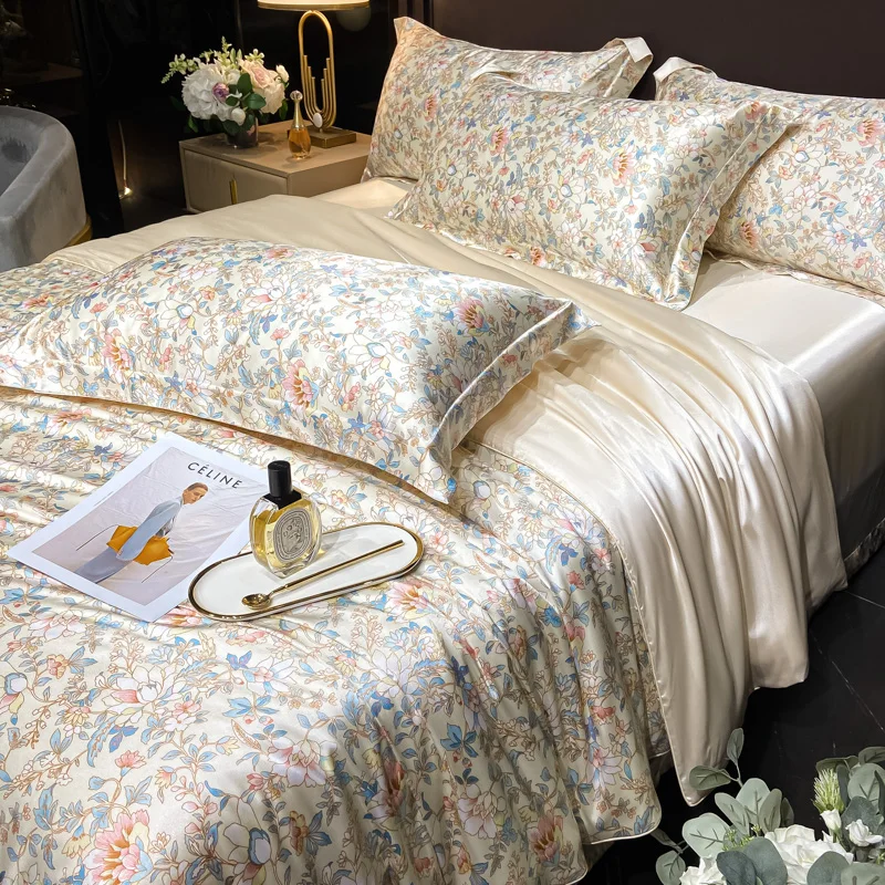 Luxury Floral Silk Bedding Set with Duvet Cover Fitted & Flat Bed Sheet Pillowcase Silky Smooth Bed Sheet Sets Twin Full Queen