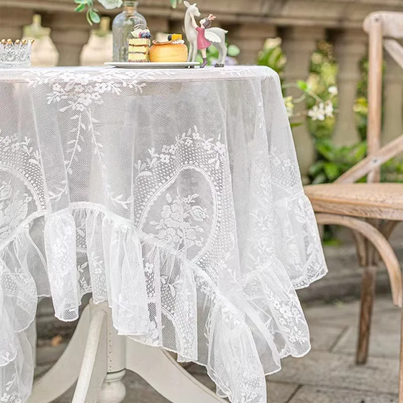 Battilo White Round Lace Tablecloth Floral Embroidered Table Cloth for Dinning Table Rectangular Table Cover for Wedding Party
