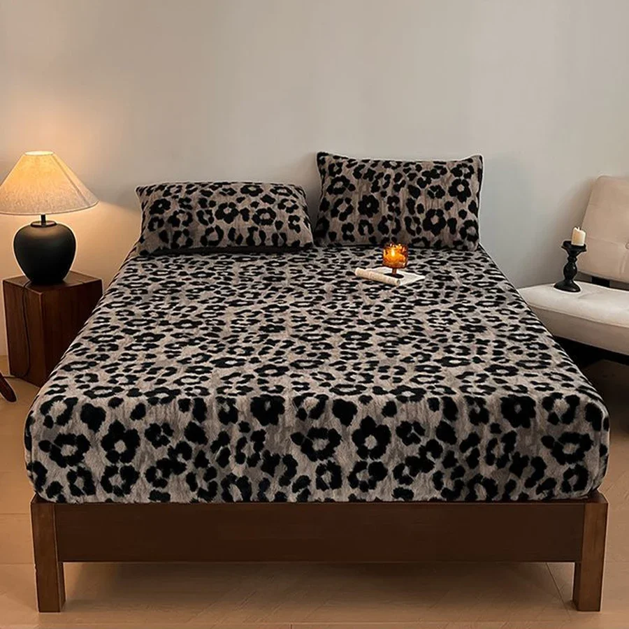 WASART Fluffy rabbit plush elastic fitted sheet mattress protector cover leopard print winter warm coral fleece bedsheet 90/150