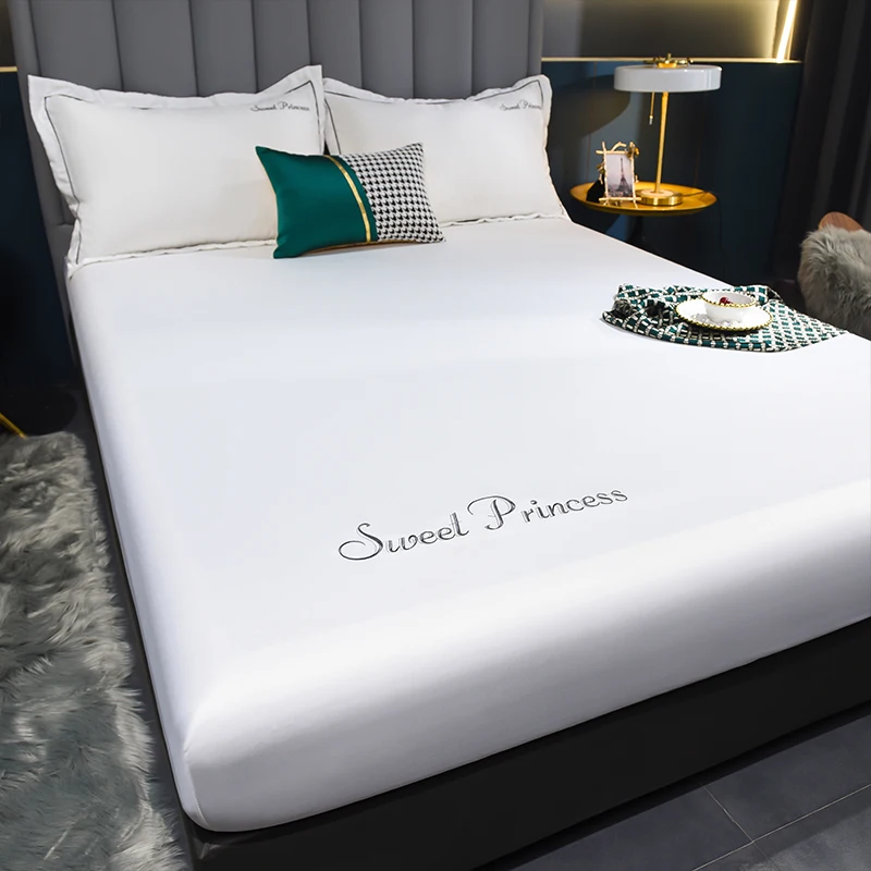 WASART Luxury Summer Satin Rayon Solid Embroidery Fitted Sheet Elastic Mattress Protector for Couples Bedding Cooling Bed Cover