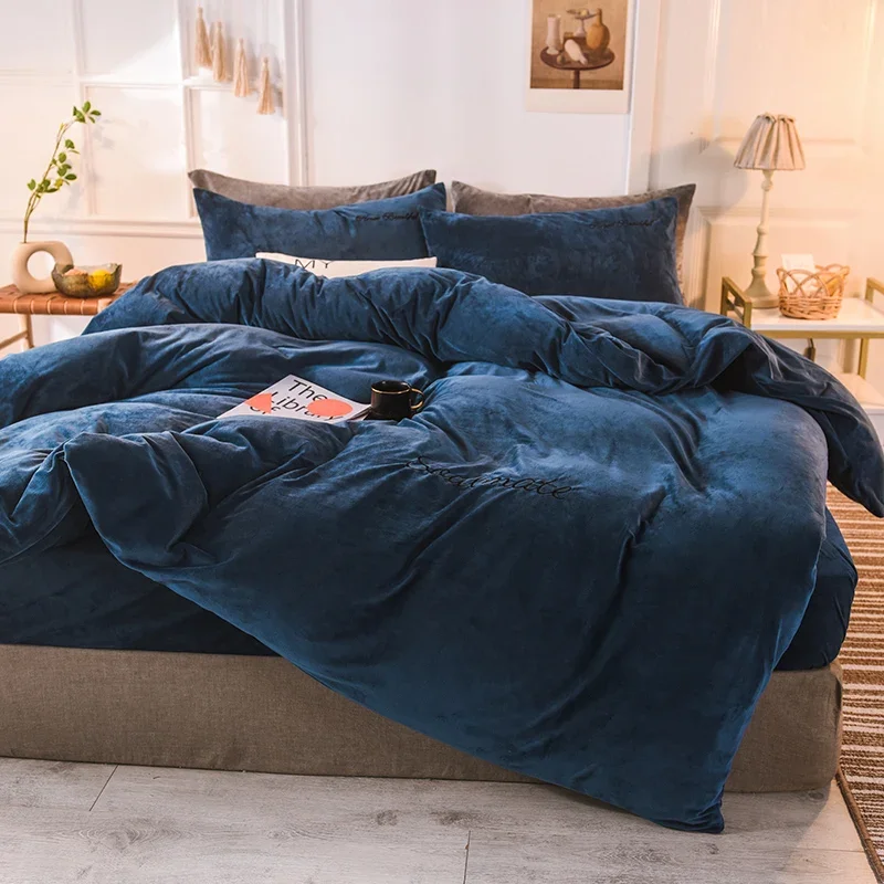 WASART Winter Warm Milk Fleece Duvet Cover 4PC Bedding Set Super King Size 220x240 Solid Embroidery Couple Luxury Home Textiles