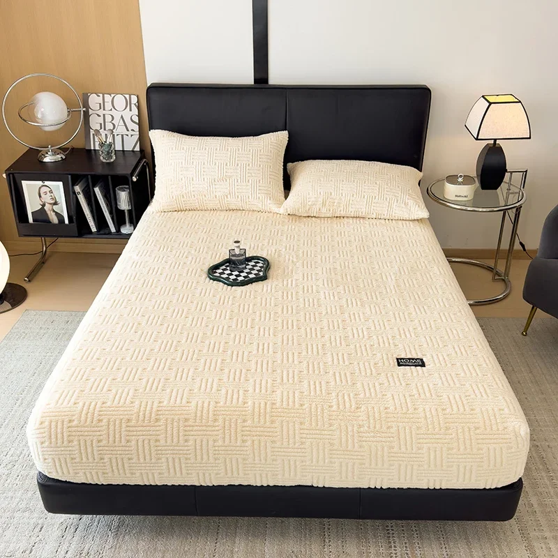 WASART Fluffy coral fleece fitted sheet elastic mattress cover warm plush bed linen couple luxury double bed bedding king size