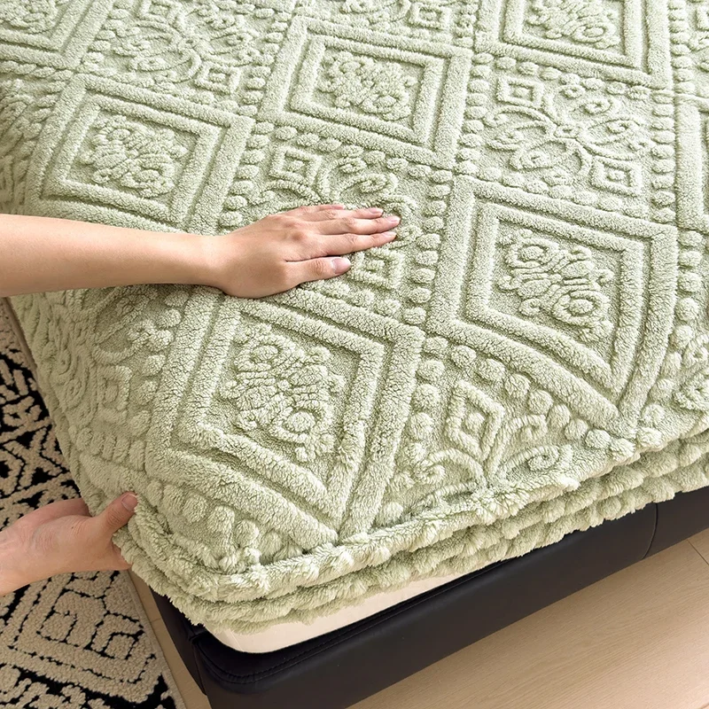 WASART Fluffy coral fleece fitted sheet elastic mattress protector cover winter warm plush bed linen luxury double bed bedding
