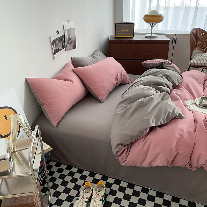 Ins Style Bedding Set Washed Cotton Duvet Cover Pillowcase Solid Color Soft Comforer Quilt Cover Bedspreads Bed Linen Flat Sheet