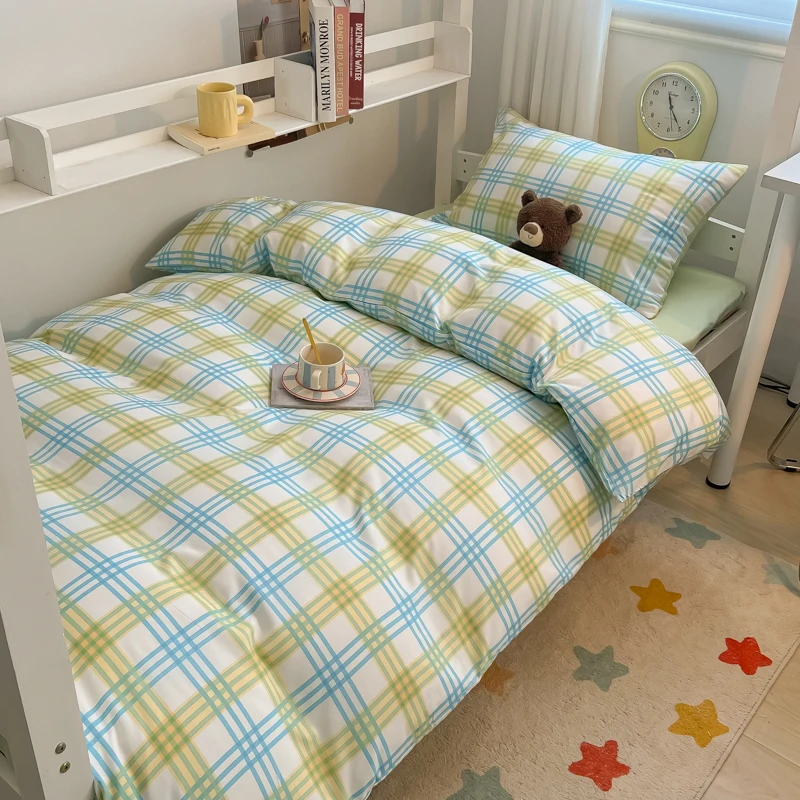 Washed Cotton Duvet Cover Set Quilt Set Ins Nordic Minimalist Style Plaid Bed Set Home Textile Students Bedding Set Bed Sheets