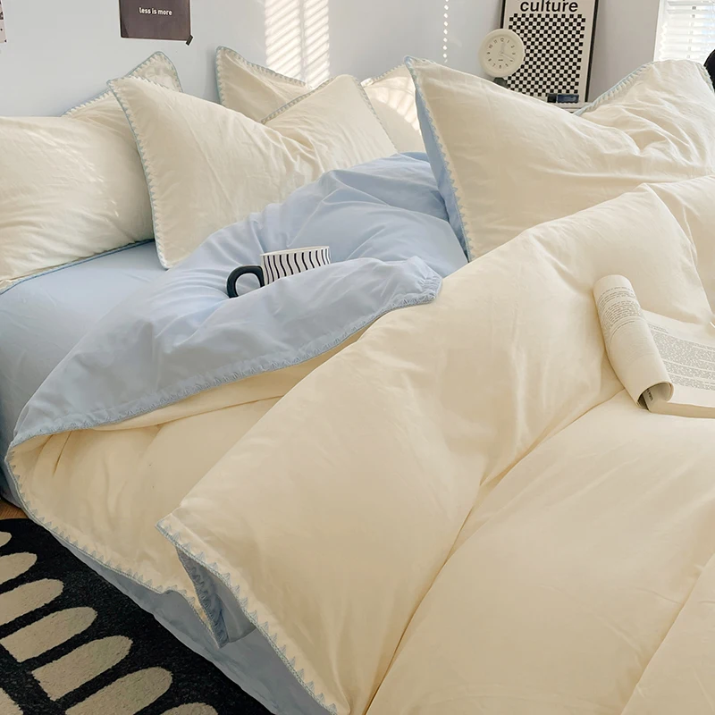 Simple Washed Cotton Bed Linen Bedding Set Four Piece Flat/Fitted Bed Sheet Set Comforter Set Full Double Couple Bed Quilt Cover