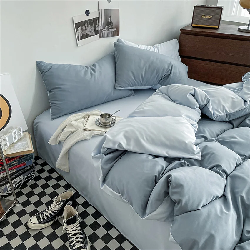 Ins Style Bedding Set Washed Cotton Duvet Cover Pillowcase Solid Color Soft Comforer Quilt Cover Bedspreads Bed Linen Flat Sheet