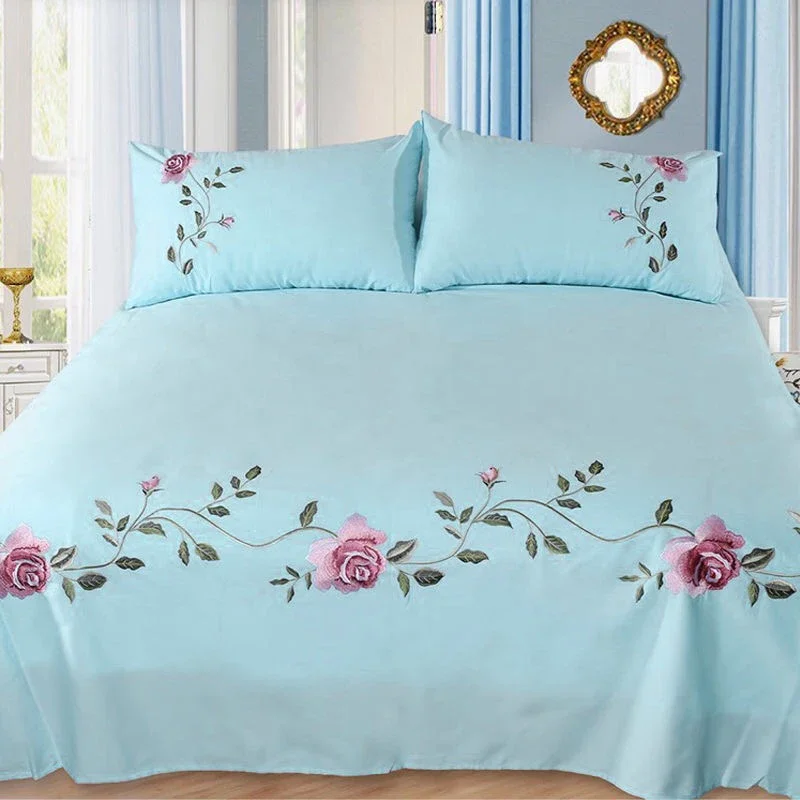 WASART Rose flora embroidery design flat bed sheet solid colour cotton twill linen bedding luxury home textiles queen king size