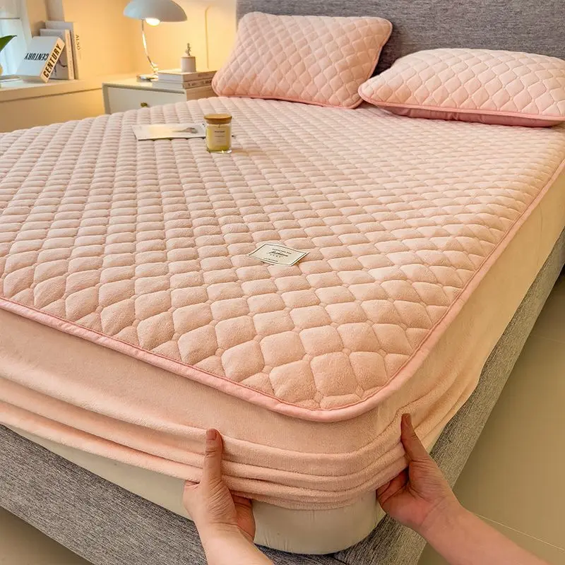 WASART Winter Warm Coral Fleece Mattress Protector Cover Quilted Thermal Elastic Fitted Sheet Luxury Double Bed Protection Pad