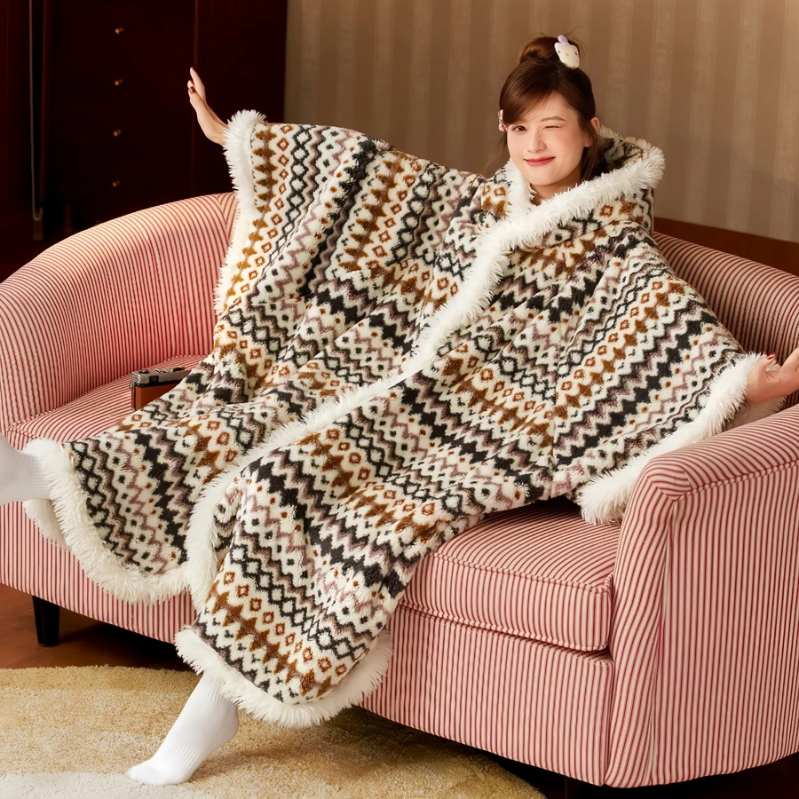 WASART Winter warm plush blanket with sleeves hooded sweater boho style wearable oversized outdoor fluffy fleece hoodie blanket