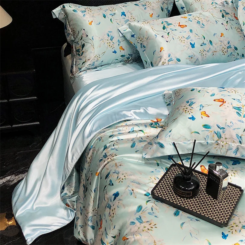 Home Silk Duvet Cover Set with Bed Sheet Pillowcase 4 Piece Natural Silk Bedding Sets Soft Smooth Comforter Covers with Zipper