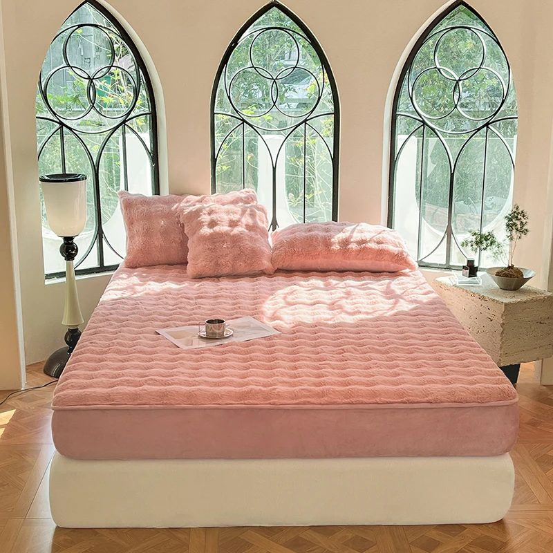 New Thickened Imitation Rabbit Fur Fitted Sheet with All Around Elastic Bands Winter Warm Bed Linen Plush Soft Mattress Cover