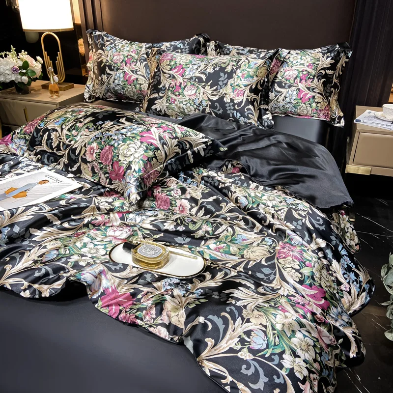 Floral Pattern Mulberry Silk Bedding Set Luxury High-End Duvet Cover Bed Sheet Pillowcase Smooth Comforter Quilt Cover Bedsheet