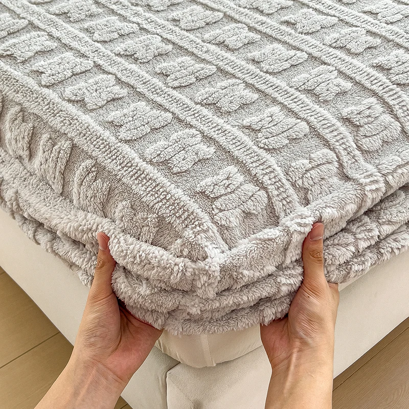 Jacauard Thick Warm Coral Plush Mattress Cover High Qulaity Abti-Slip Breathable Fitted Bed Sheet Single Double Queen King Size