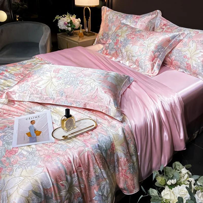 Luxury Floral Silk Bedding Set with Duvet Cover Fitted & Flat Bed Sheet Pillowcase Silky Smooth Bed Sheet Sets Twin Full Queen