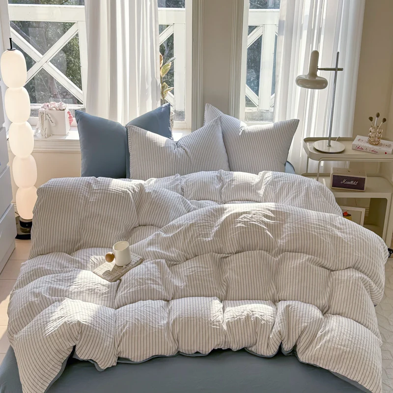 Simple Striped Washed Cotton Duvet Cover Set 3/4 Pieces Bedding Set with Quilt Cover Bed Sheet Sets Pillowcase Soft Breathable