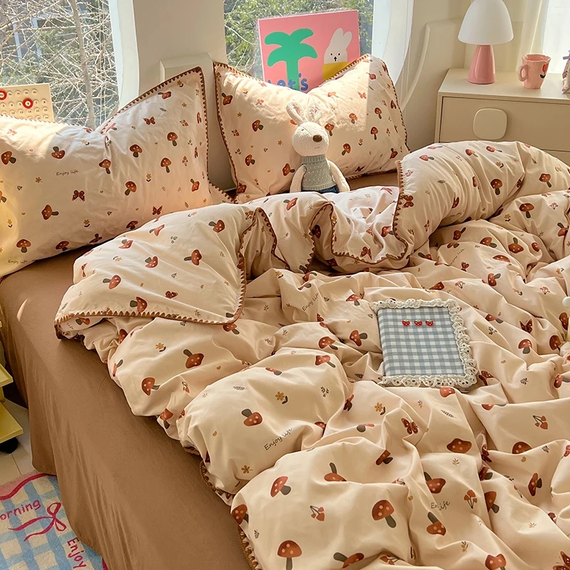 Washed Cotton Bed Linen Bedding Set Comforter Cover Pillowcase Flat/Fitted Sheet Comforter Set Single Double Bed Quilt Cover Ins