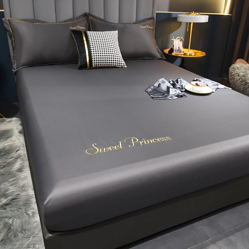 WASART Luxury Summer Satin Rayon Solid Embroidery Fitted Sheet Elastic Mattress Protector for Couples Bedding Cooling Bed Cover