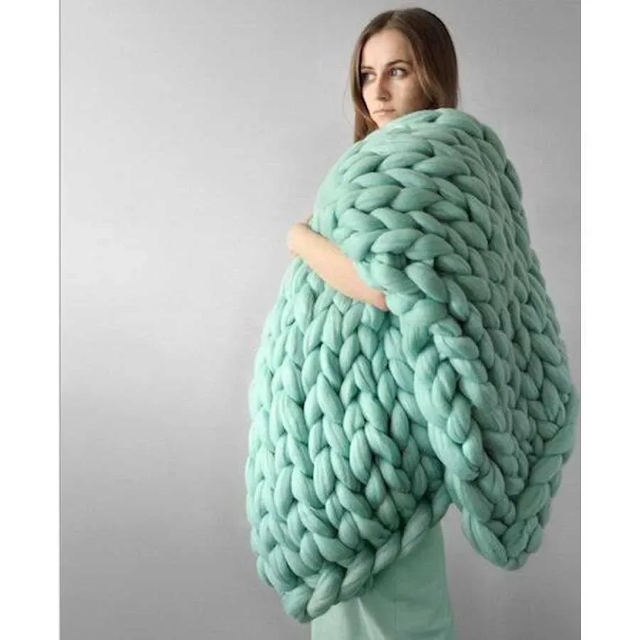 WASART Chunky merino wool blanket thick large yarn roving knitted blanket winter warm plaid throw blankets sofa bed blanket