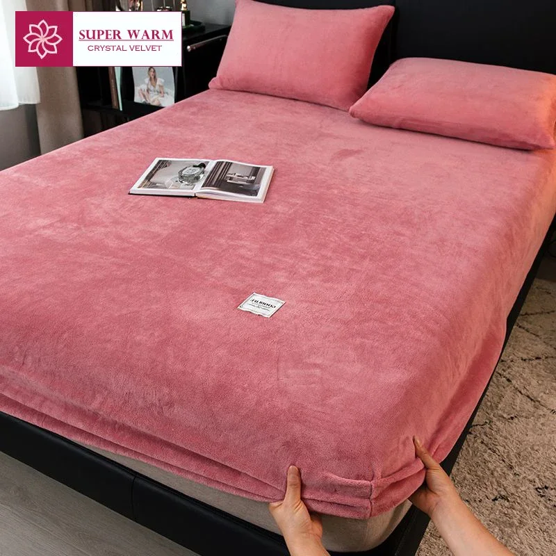 WASART Winter warm plush fitted sheet elastic mattress cover fluffy coral fleece bed linens couple luxury double bed king size