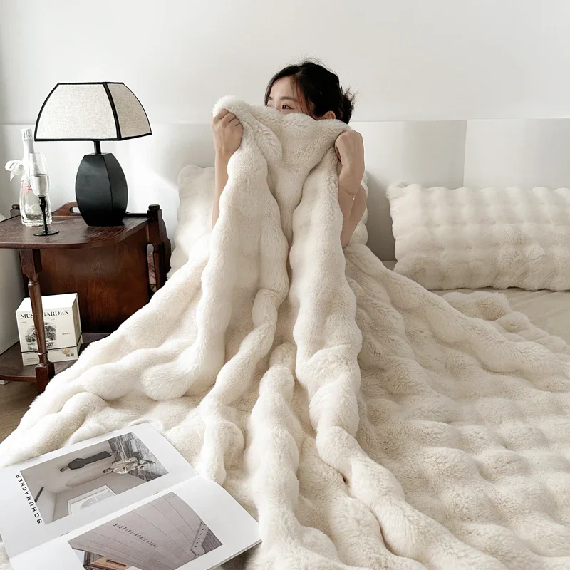 WASART Faux fur plush throw blanket warm winter soft fluffy blankets for bed luxury plaid couch cover for sofa pillow case gift