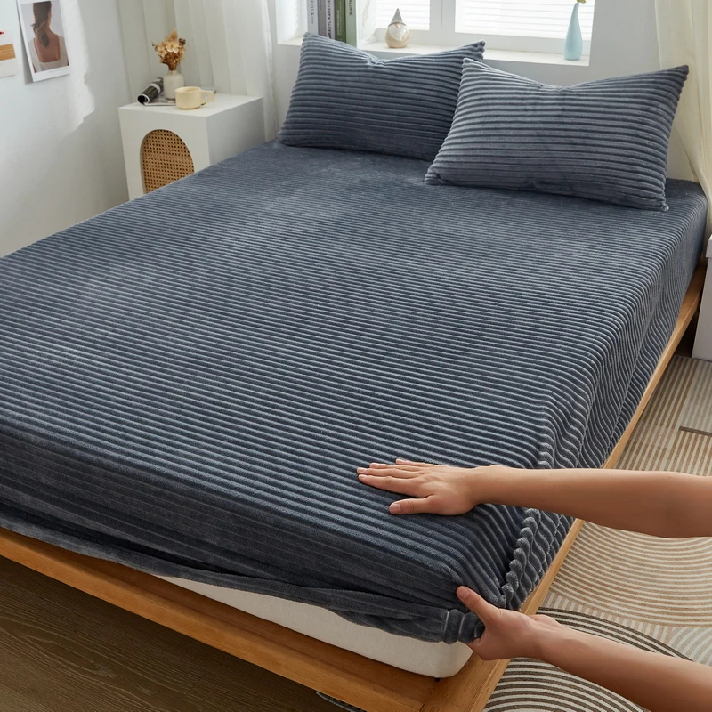 WASART Winter warm coral fleece fitted sheet elastic mattress cover fluffy plush thermal bed linens couple bedding king size 150