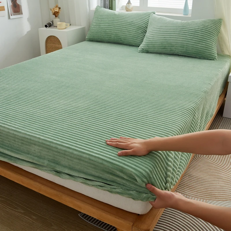 WASART Winter warm coral fleece fitted sheet elastic mattress cover fluffy plush thermal bed linens couple bedding king size 150