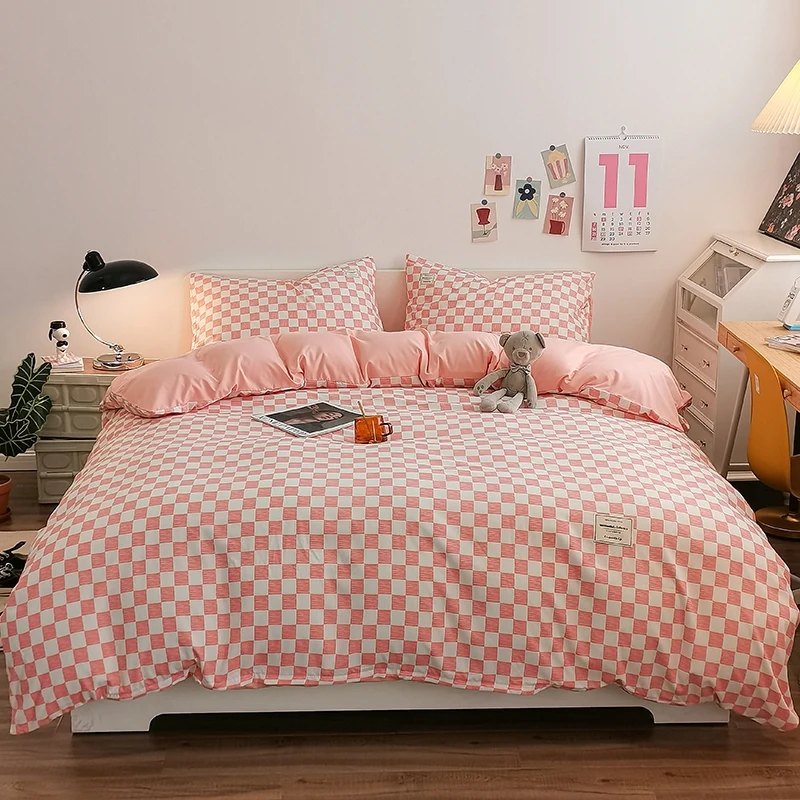 Pure Cotton Home Textile Plaid Style Bedding Set Simple Soft Duvet Cover Sheet Pillowcases Ins Style Bed Linens Queen King Size