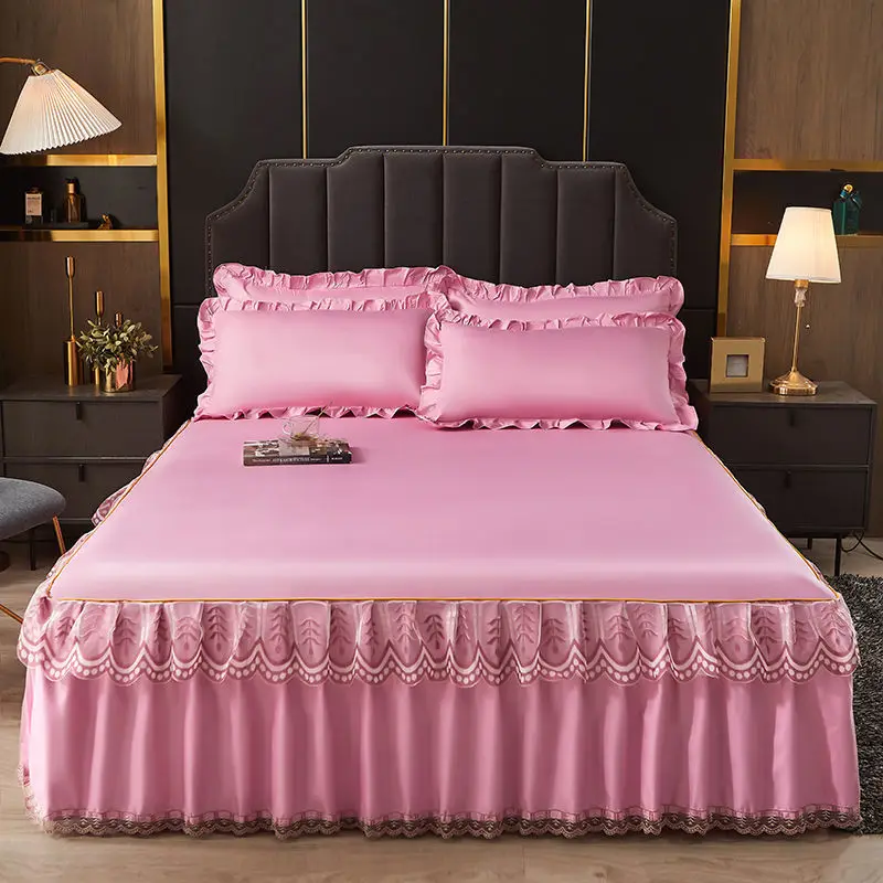 WASART Luxury lace bed skirt summer bedspread solid satin rayon bed linen couple bedding single double queen king size bed sheet