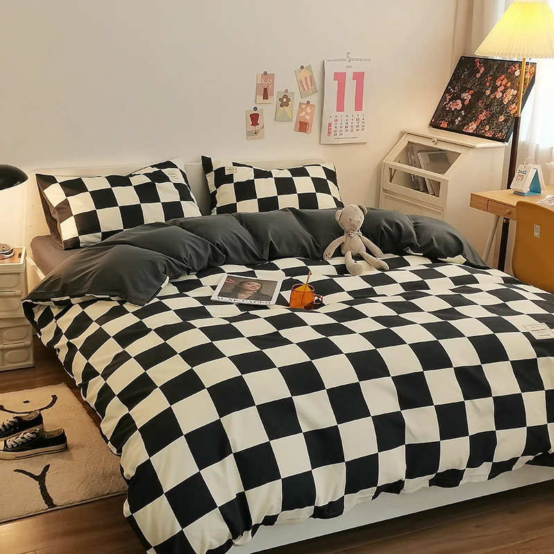 Pure Cotton Home Textile Plaid Pattern Bedding Set Simple Soft Duvet Cover Flat/Fitted Sheets Pillowcases Bed Linens Queen King