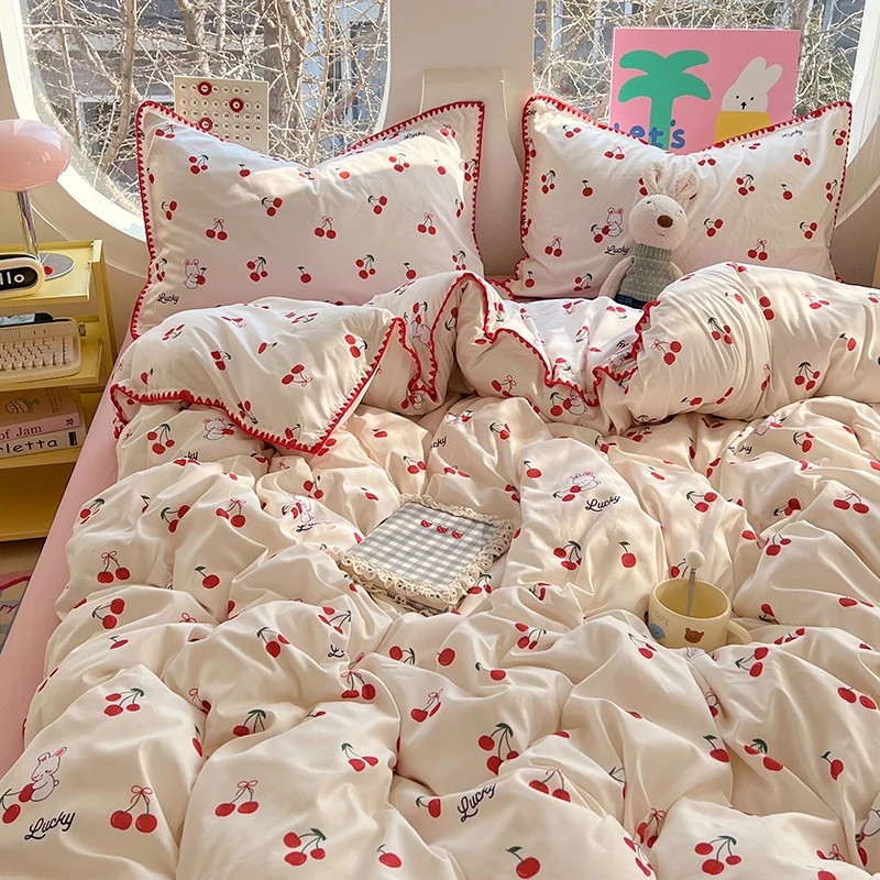 Washed Cotton Bed Linen Bedding Set Comforter Cover Pillowcase Flat/Fitted Sheet Comforter Set Single Double Bed Quilt Cover Ins