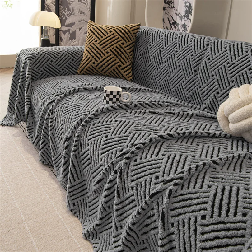 Fleece Plush Sofa Cover Cloth Thickne Anti-Slip Sofa Towel Geometric Style Couch Seat Cushion Cover Full Coverage Velvet Blanket
