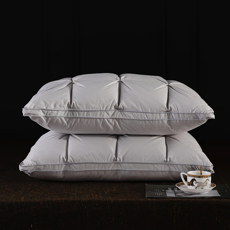Luxury 2pcs Goose Down Feather Pillows 3D Bread Pleated Neck Protection 100% Cotton Cover Bed Pillow for Sleeping Hotel Quality