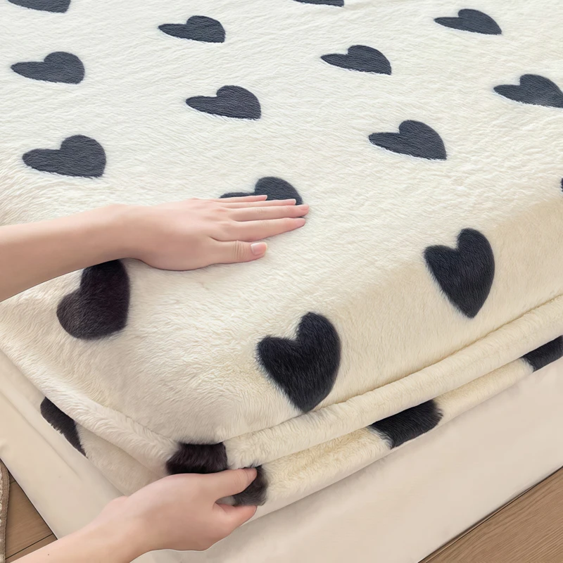 WOSTAR Winter warm plush fitted sheet elastic mattress protector cover red heart printed fluffy coral fleece bed linens 200x220