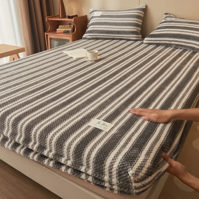 WASART Winter warm coral fleece fitted sheet elastic mattress cover 150x200 fluffy plush bed linen luxury double bed king size