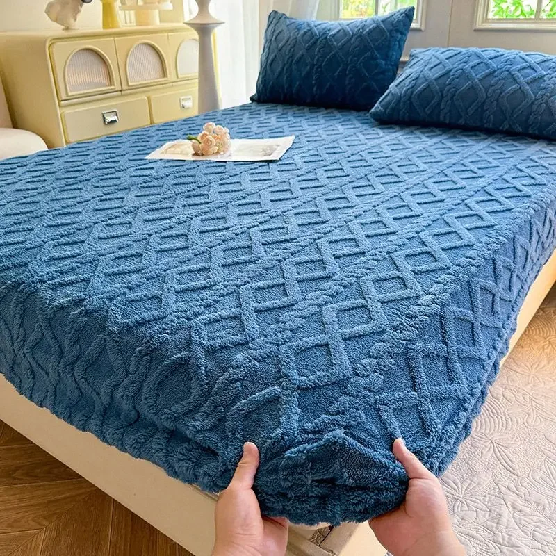 WASART Fluffy plush fitted sheet elastic mattress protector cover warm winter bed linen couple double bed bedding king size