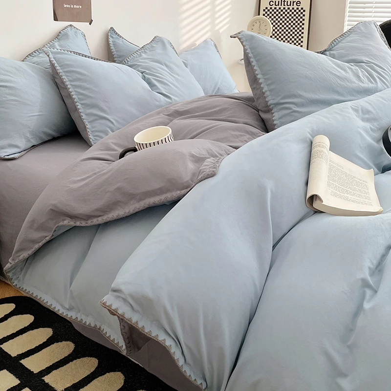 Simple Washed Cotton Bed Linen Bedding Set Four Piece Flat/Fitted Bed Sheet Set Comforter Set Full Double Couple Bed Quilt Cover