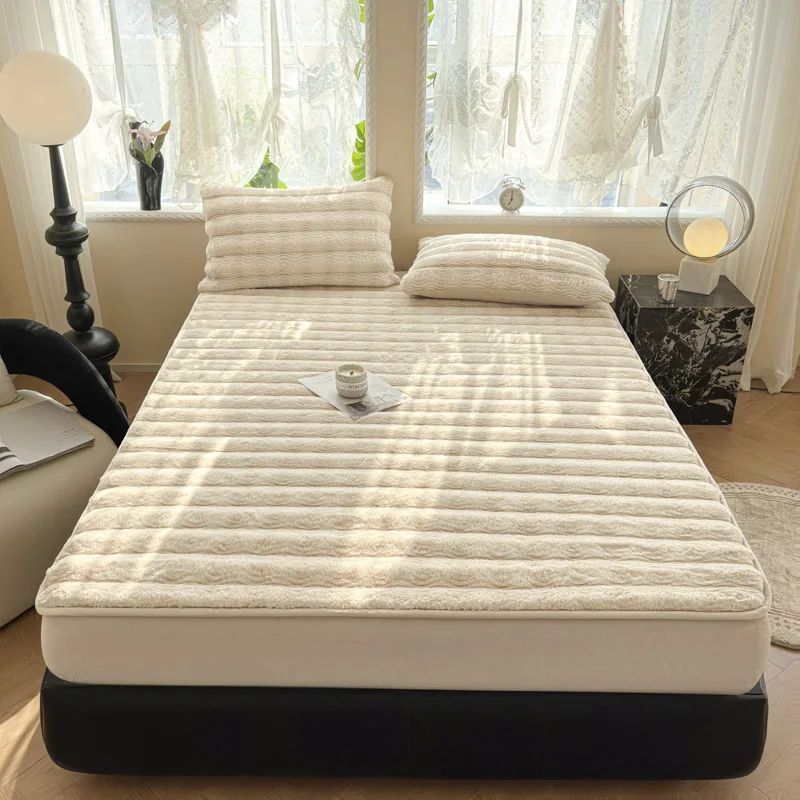 New Thickened Imitation Rabbit Fur Fitted Sheet with All Around Elastic Bands Winter Warm Bed Linen Plush Soft Mattress Cover