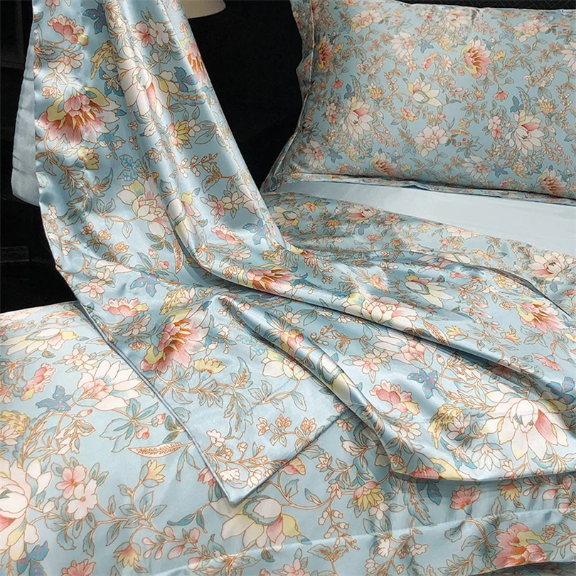 Home Silk Duvet Cover Set with Bed Sheet Pillowcase 4 Piece Natural Silk Bedding Sets Soft Smooth Comforter Covers with Zipper