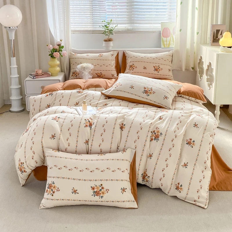 Korean Retro Floral Bedding Set 100% Washed Cotton Bed Sheets Set Soft Duvet Cover Bed Linen Pillowcase Single Double Queen King