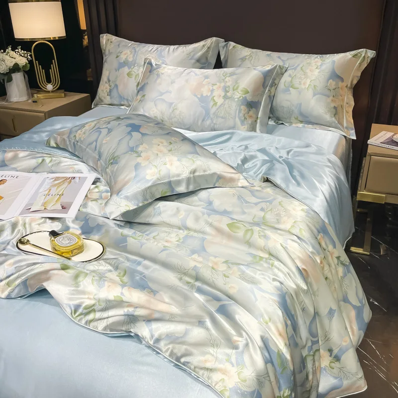 Floral Pattern Mulberry Silk Bedding Set Luxury High-End Duvet Cover Bed Sheet Pillowcase Smooth Comforter Quilt Cover Bedsheet