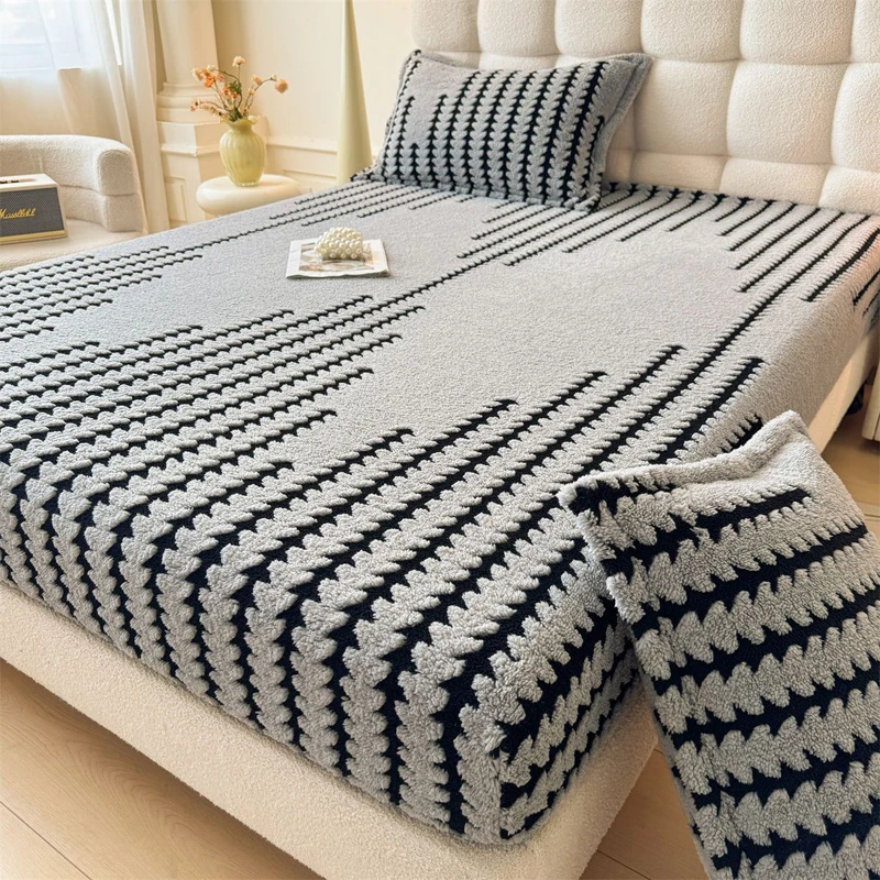 WASART Soft warm plush fitted sheet elastic mattress cover fluffy coral fleece jacquard bed linen winter luxury bedding 150x200