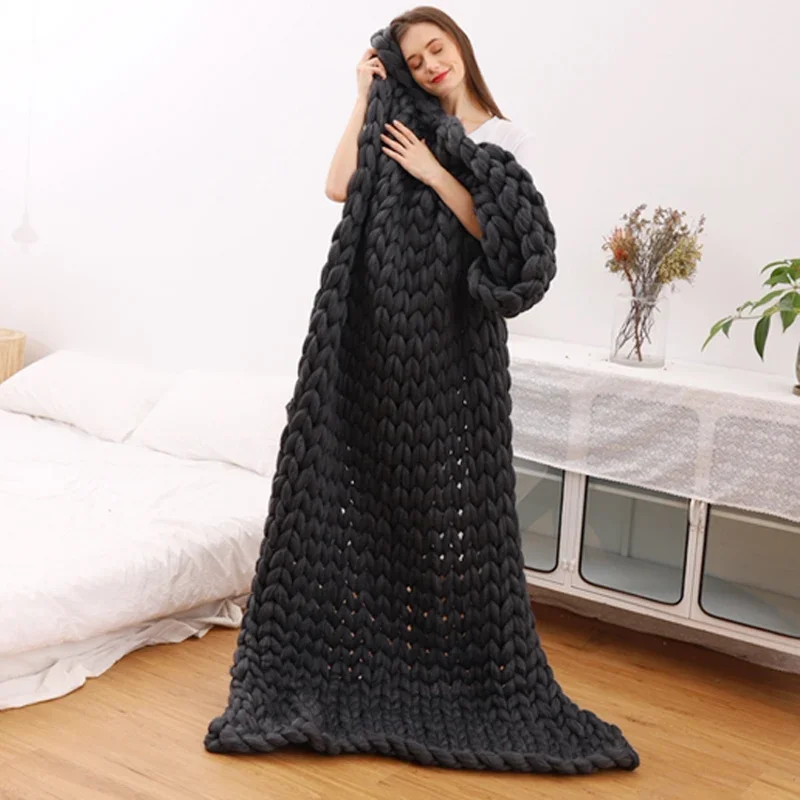 WASART Chunky merino wool blanket thick large yarn roving knitted blanket winter warm plaid throw blankets sofa bed blanket
